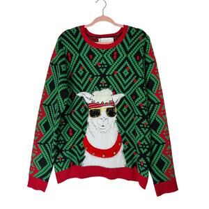 Jolly Sweaters Green & Red Llama Jingle Bells Holiday Winter Sweater Size L